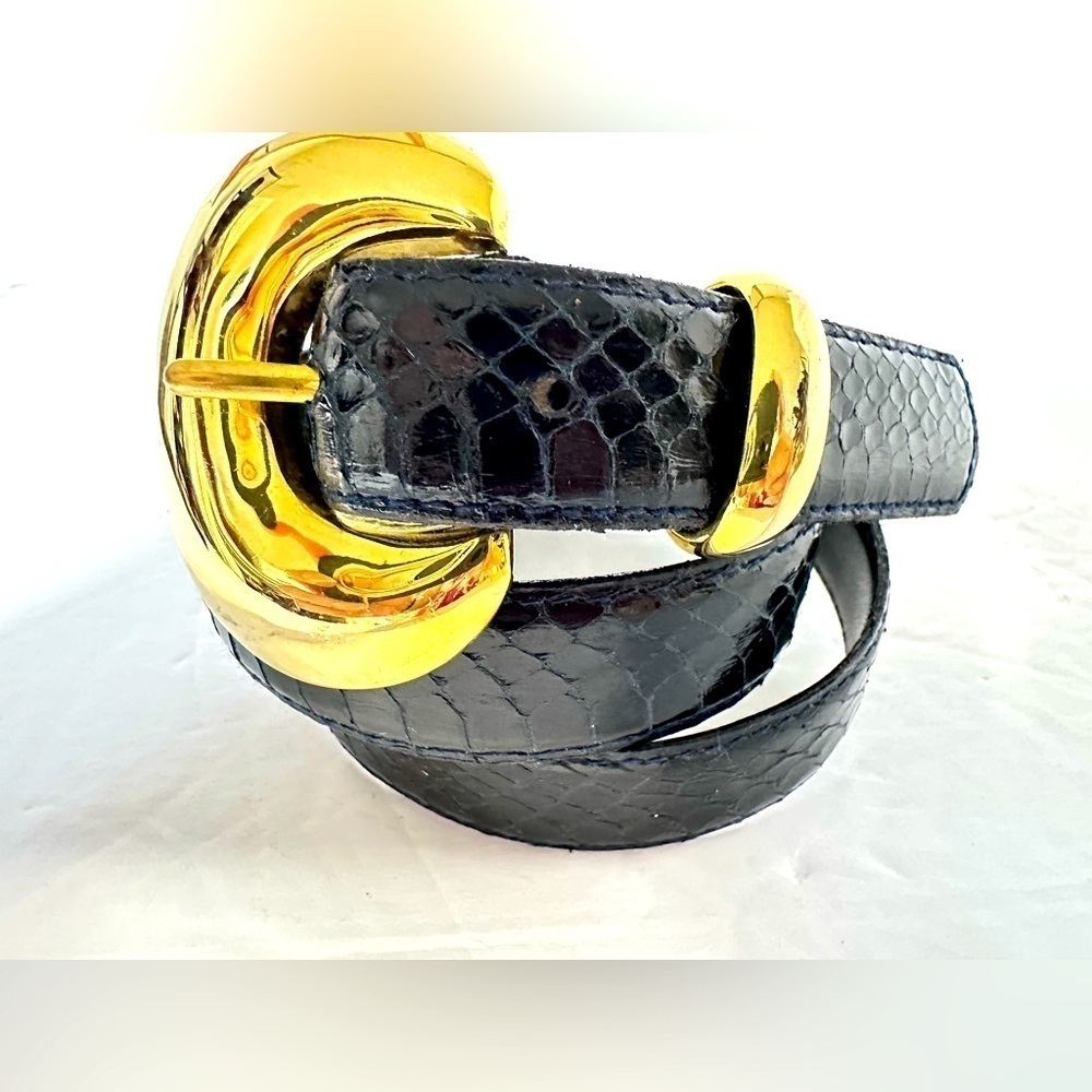 Magid Black Snakeskin-Textured Belt with Polished Gold Buckle